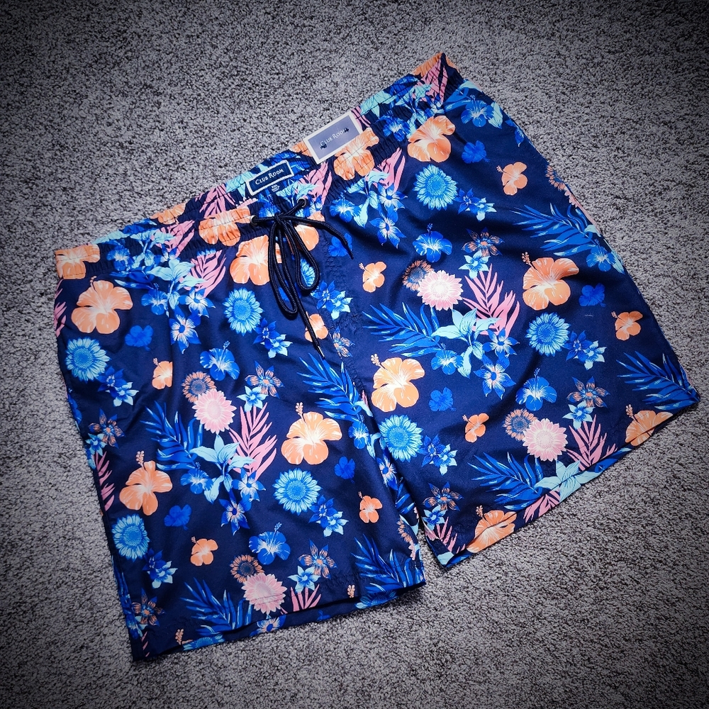 NWT Men's Club Room Blue and Orange Tropical Swim Trunks XXL